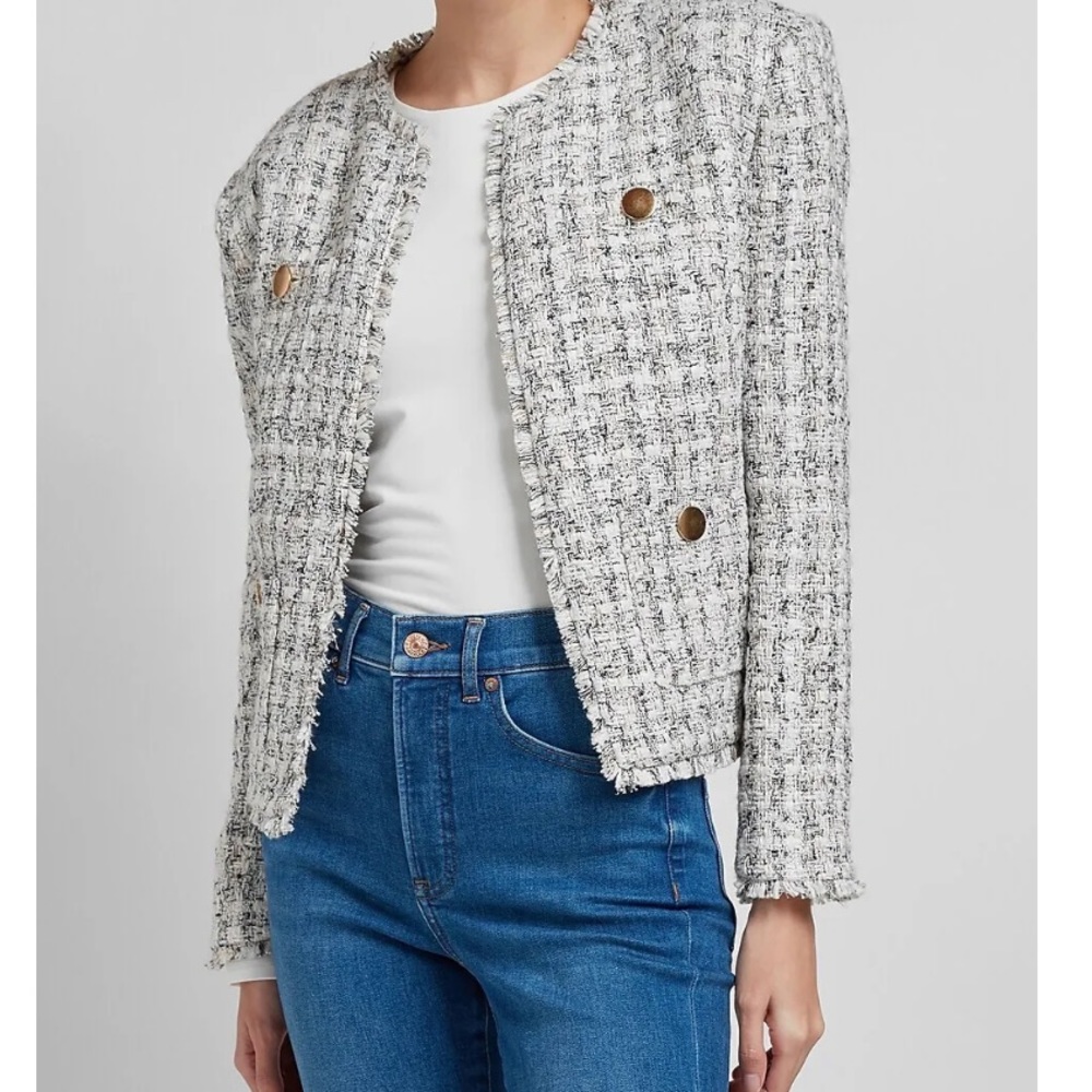 NEW EXPRESS $168 NEUTRAL PRINT PADDED SHOULDER TWEED BLAZER SZ M MEDIUM